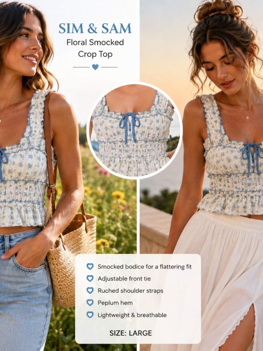 Sim & Sam Women L Blue Floral Smocked Peplum Tank Top Cottagecore Coquette Cute